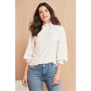 Nation LTD Melanie Smocked Mock Neck Top XS Off White Long Sleeve Pima Cotton